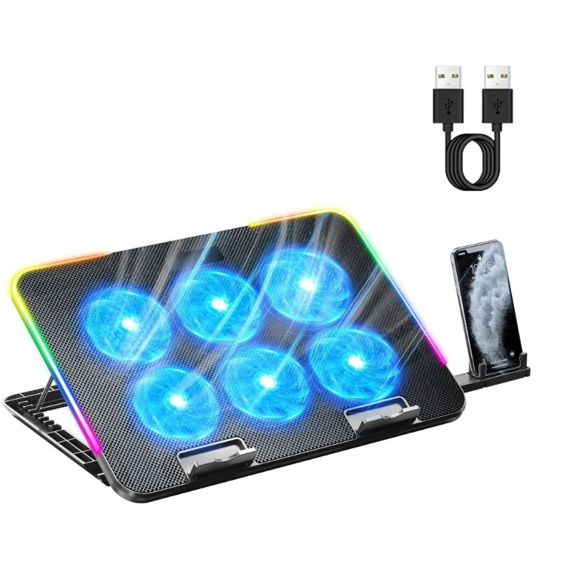 Base de Enfriamiento para Laptop Gamer – 6 Ventiladores LED, 2 USB y Soporte para Teléfono