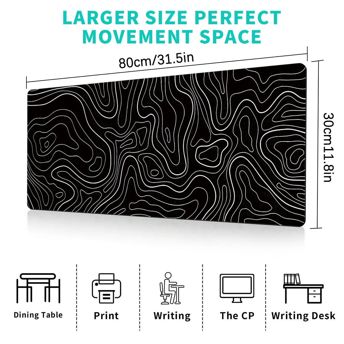 Mousepad Gamer XL Topográfico – 80x30cm Blanco y Negro con Base Antideslizante
