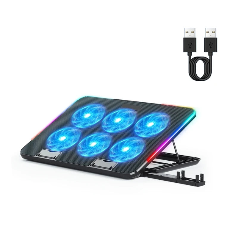 Base de Enfriamiento para Laptop Gamer – 6 Ventiladores LED, 2 USB y Soporte para Teléfono