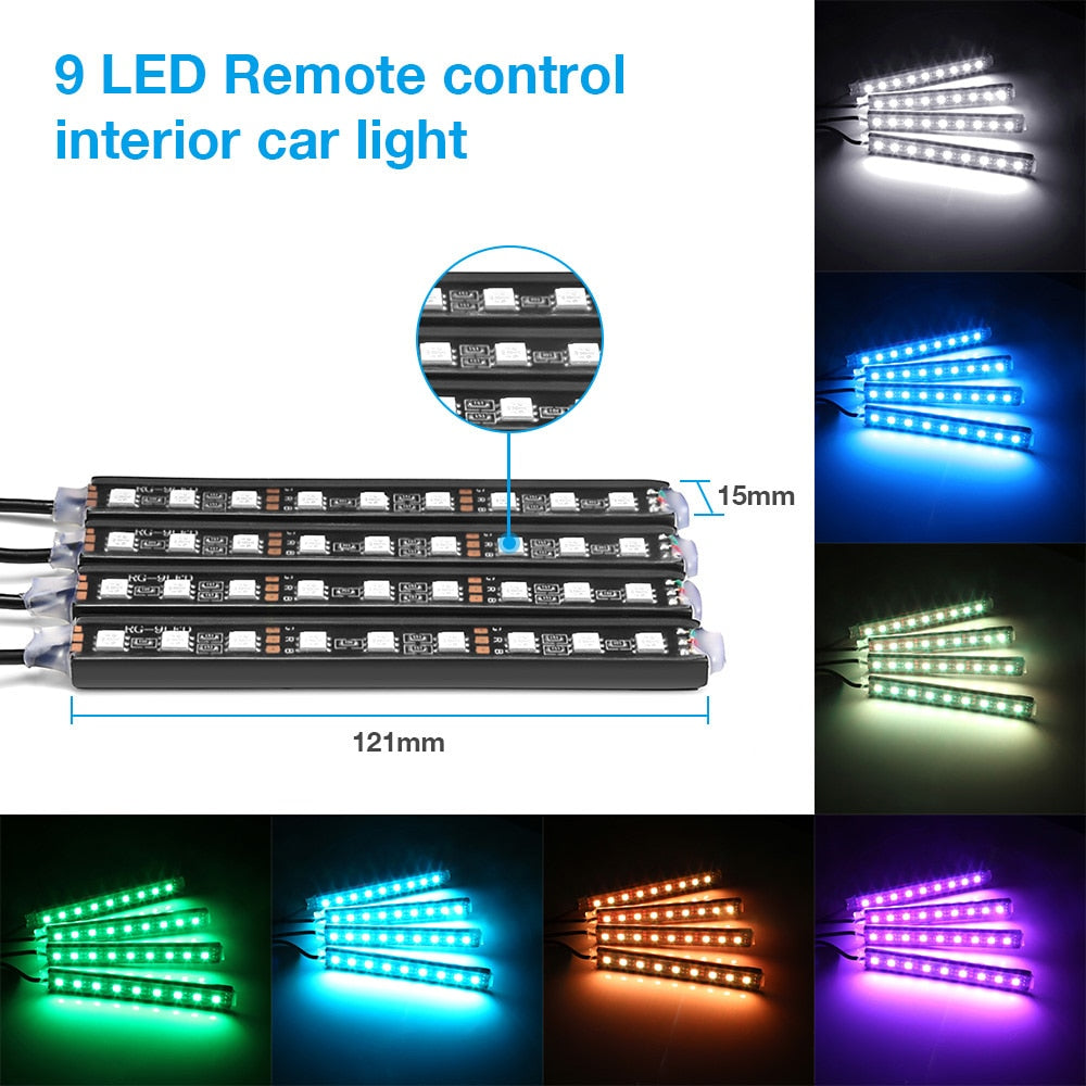 Tiras LED RGB para Auto – Kit de 4 Luces de Ambiente con Control Remoto