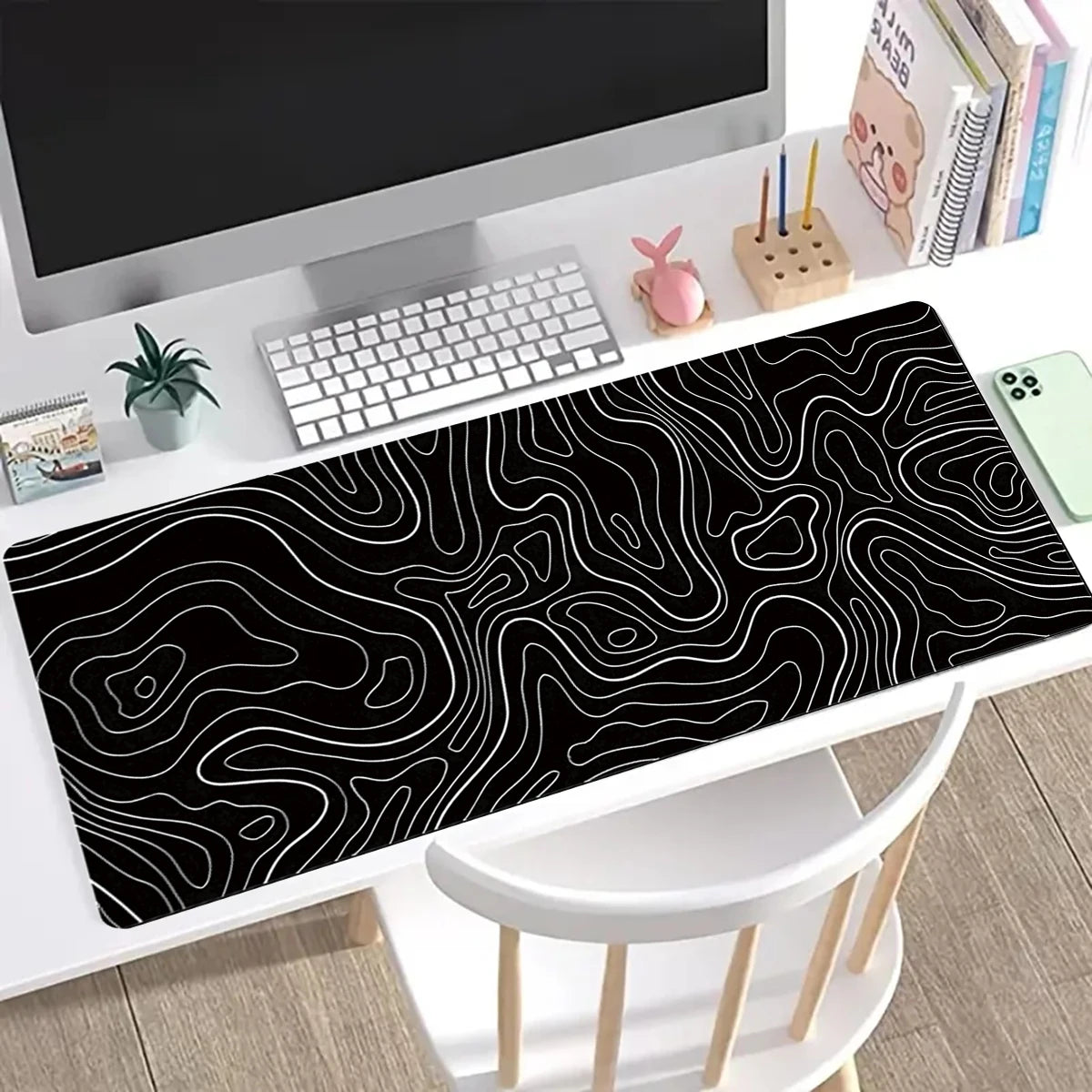 Mousepad Gamer XL Topográfico – 80x30cm Blanco y Negro con Base Antideslizante