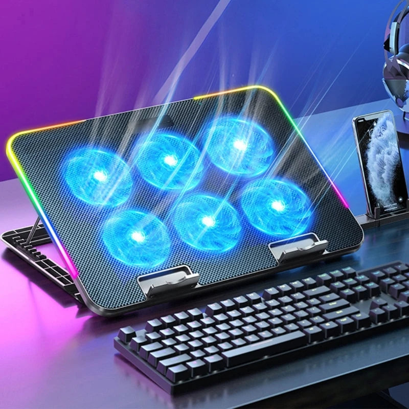 Base de Enfriamiento para Laptop Gamer – 6 Ventiladores LED, 2 USB y Soporte para Teléfono