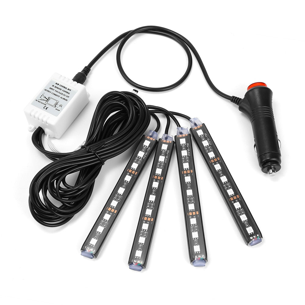 Tiras LED RGB para Auto – Kit de 4 Luces de Ambiente con Control Remoto