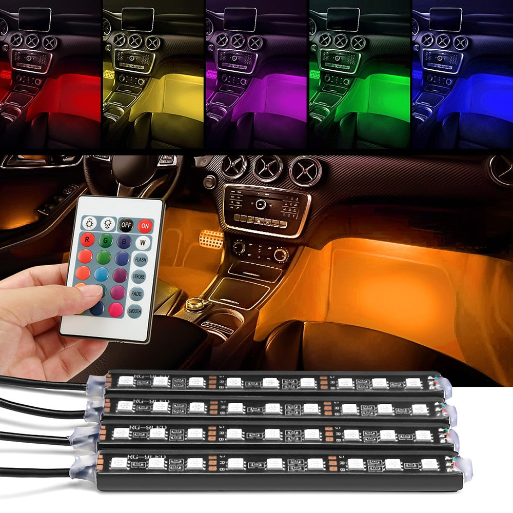 Tiras LED RGB para Auto – Kit de 4 Luces de Ambiente con Control Remoto