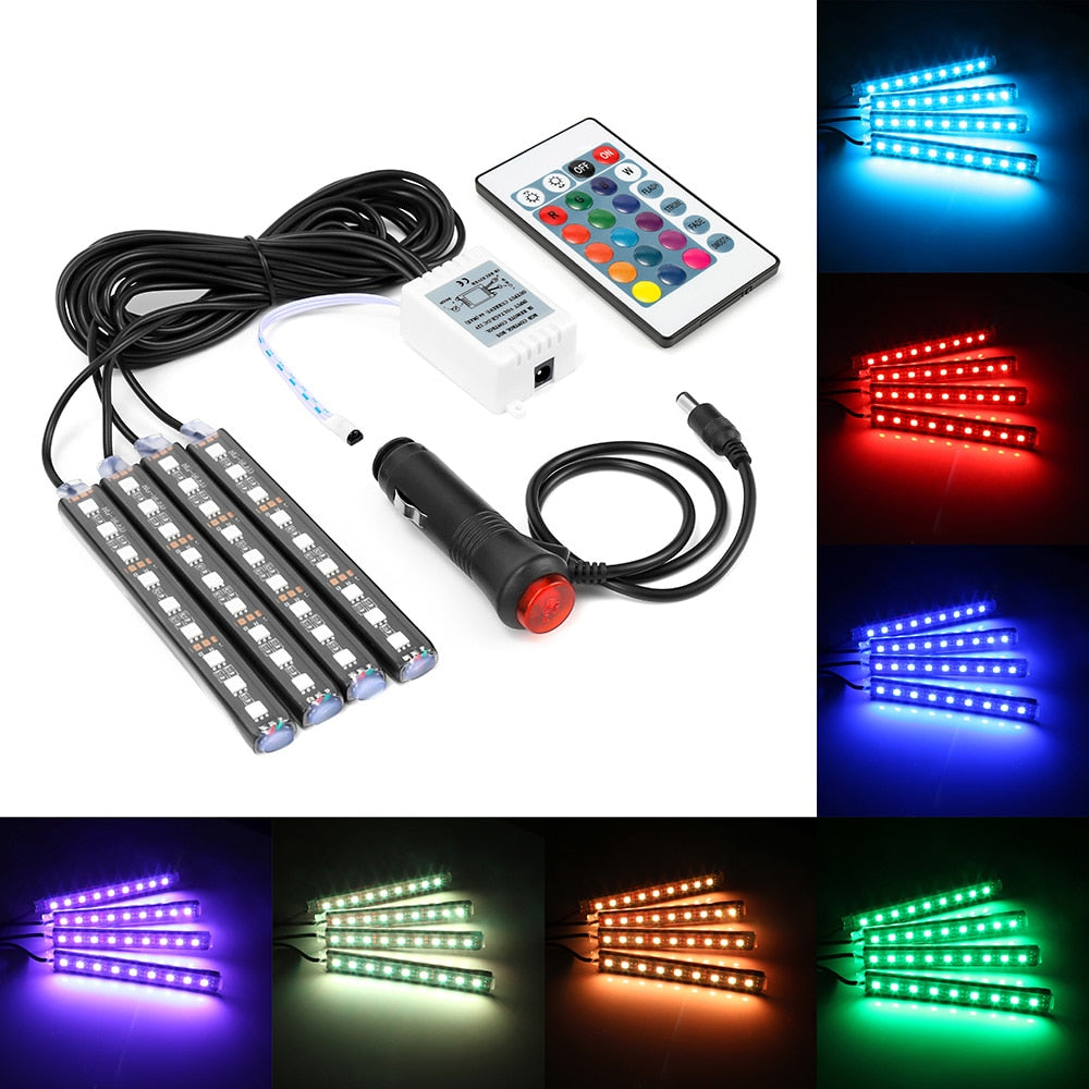 Tiras LED RGB para Auto – Kit de 4 Luces de Ambiente con Control Remoto