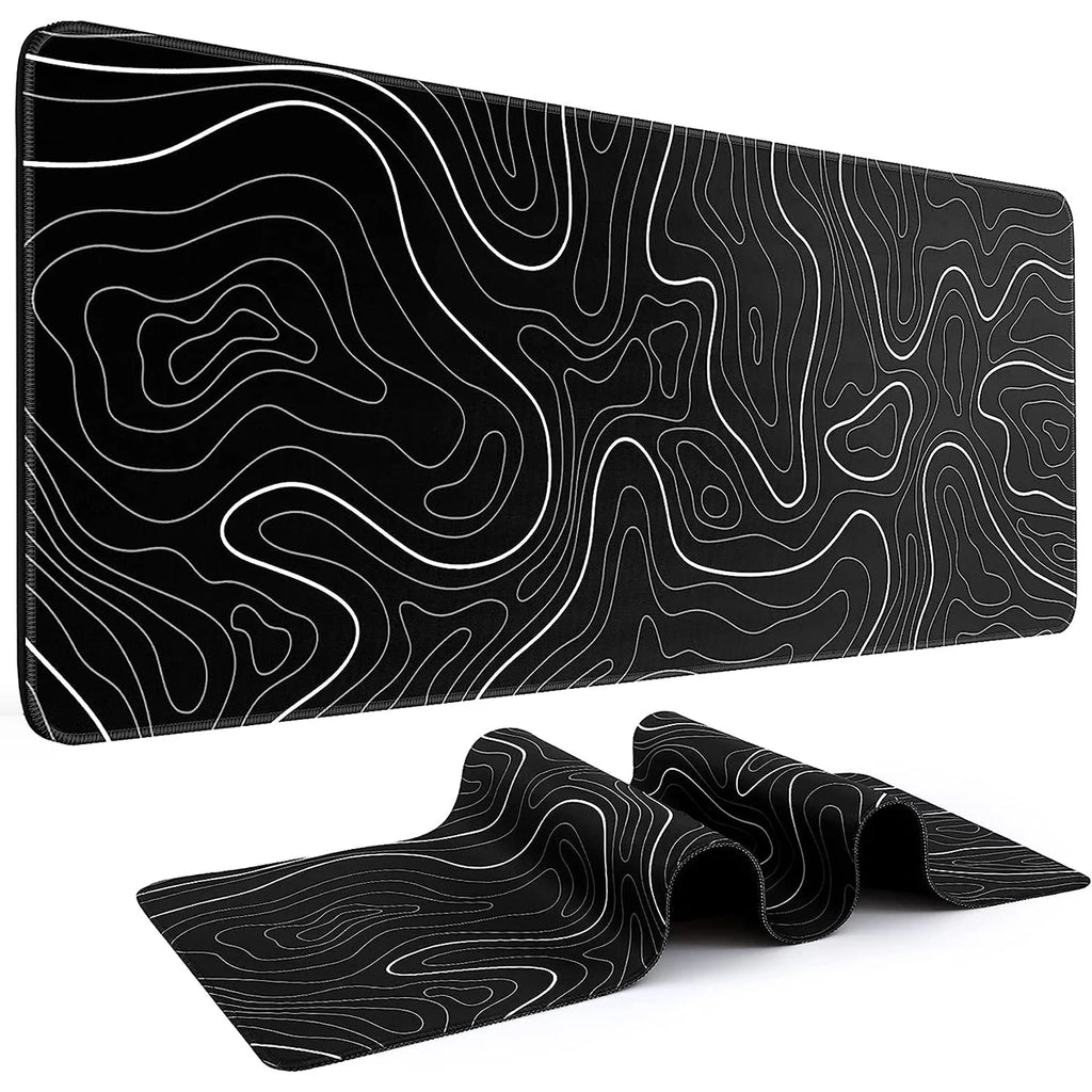 Mousepad Gamer XL Topográfico – 80x30cm Blanco y Negro con Base Antideslizante