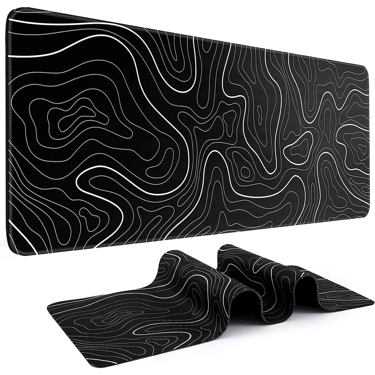 Mousepad Gamer XL Topográfico – 80x30cm Blanco y Negro con Base Antideslizante