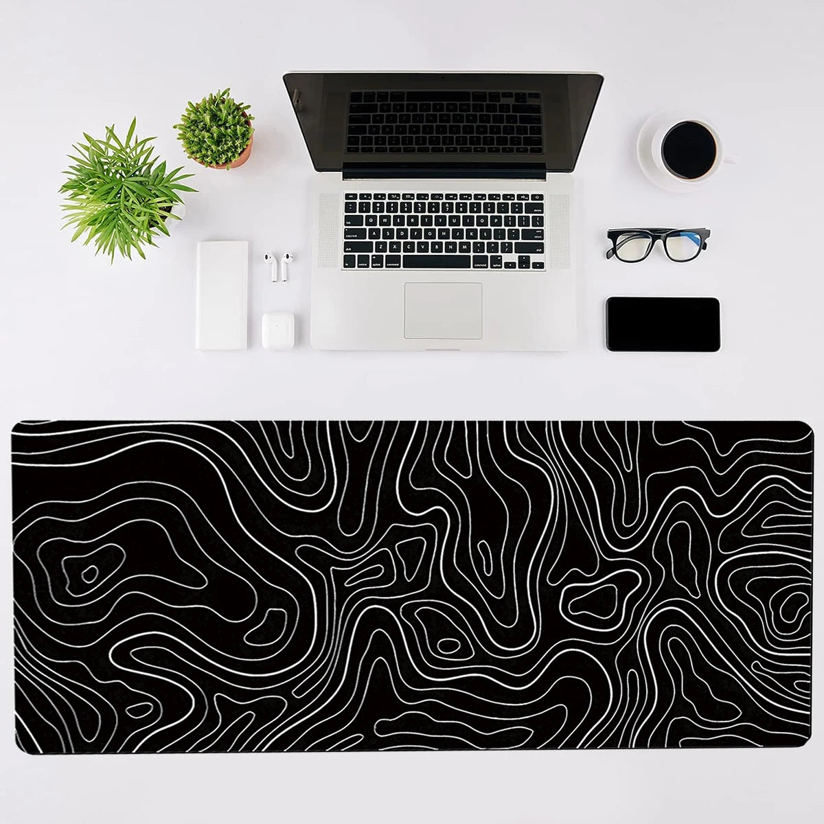 Mousepad Gamer XL Topográfico – 80x30cm Blanco y Negro con Base Antideslizante